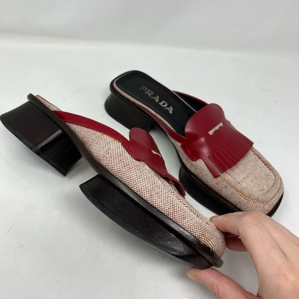 Vintage Prada 1999 Fringe Mule Archive Runway Square Toe size 37 Wood Split Sole - Picture 2 of 5